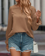 PRETTYGARDEN Ladies Blouse Khaki Pleated Ruffle Sleeve Size S