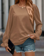 PRETTYGARDEN Ladies Blouse Khaki Pleated Ruffle Sleeve Size S