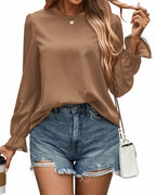 PRETTYGARDEN Ladies Blouse Khaki Pleated Ruffle Sleeve Size S