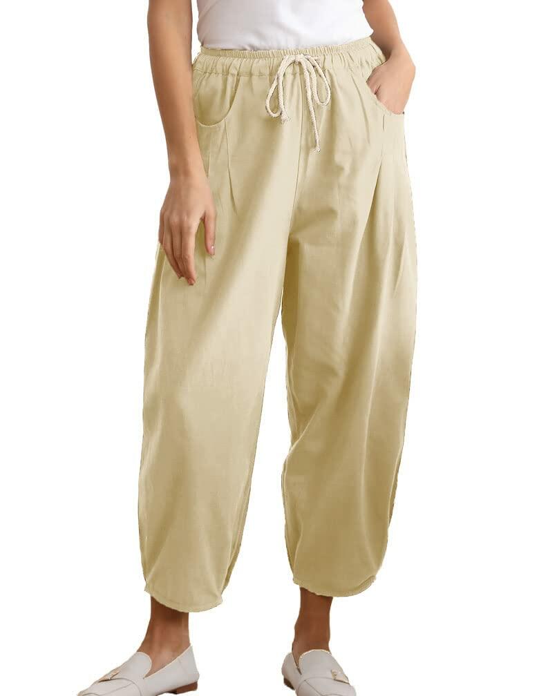 Minibee Womens Wide Leg Capri Pants Drawstring Waist Pockets Beige Size L