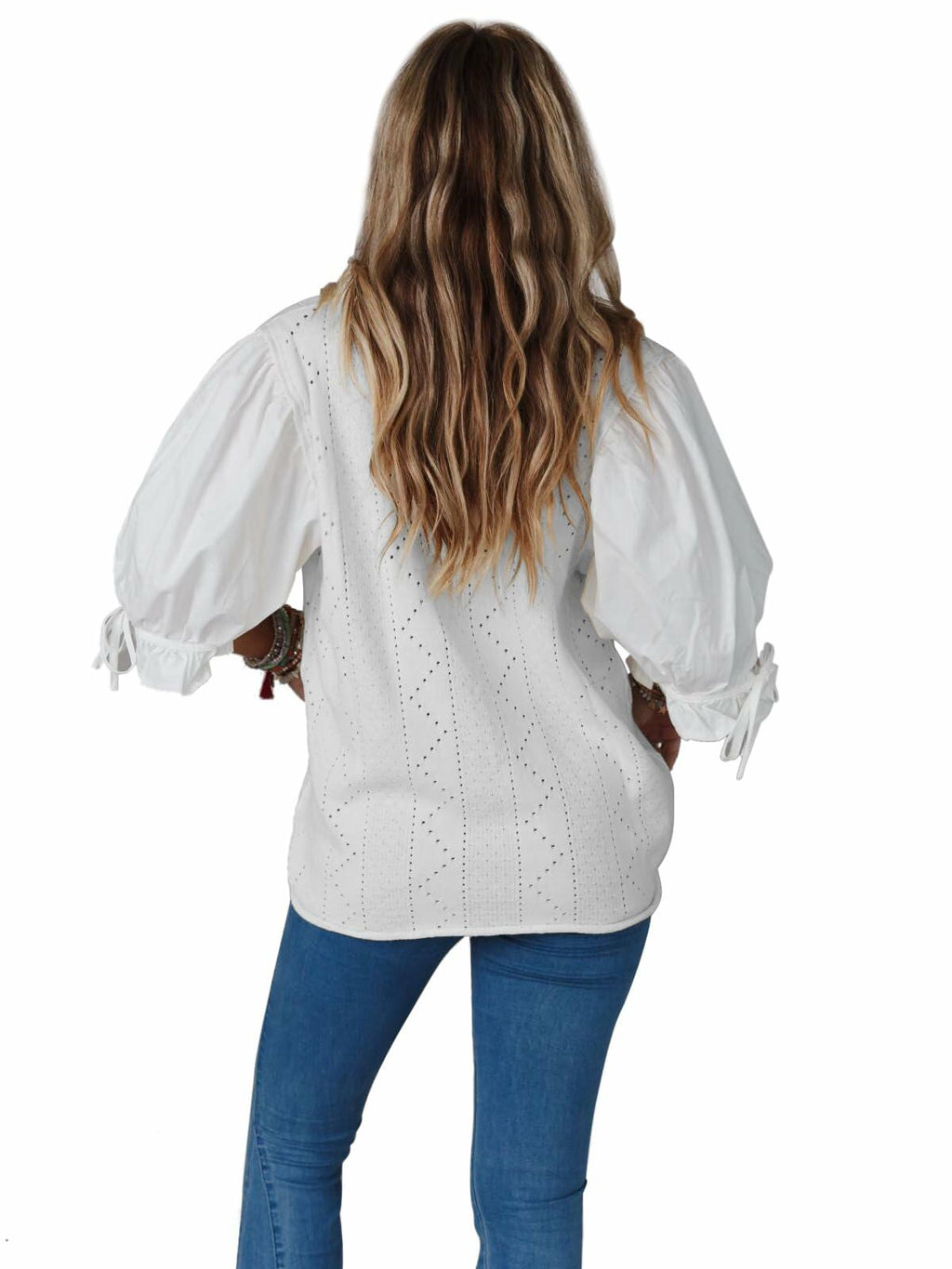 KINLONSAIR Women’s Puff Sleeve V-Neck Knit Top Lightweight White Shirt