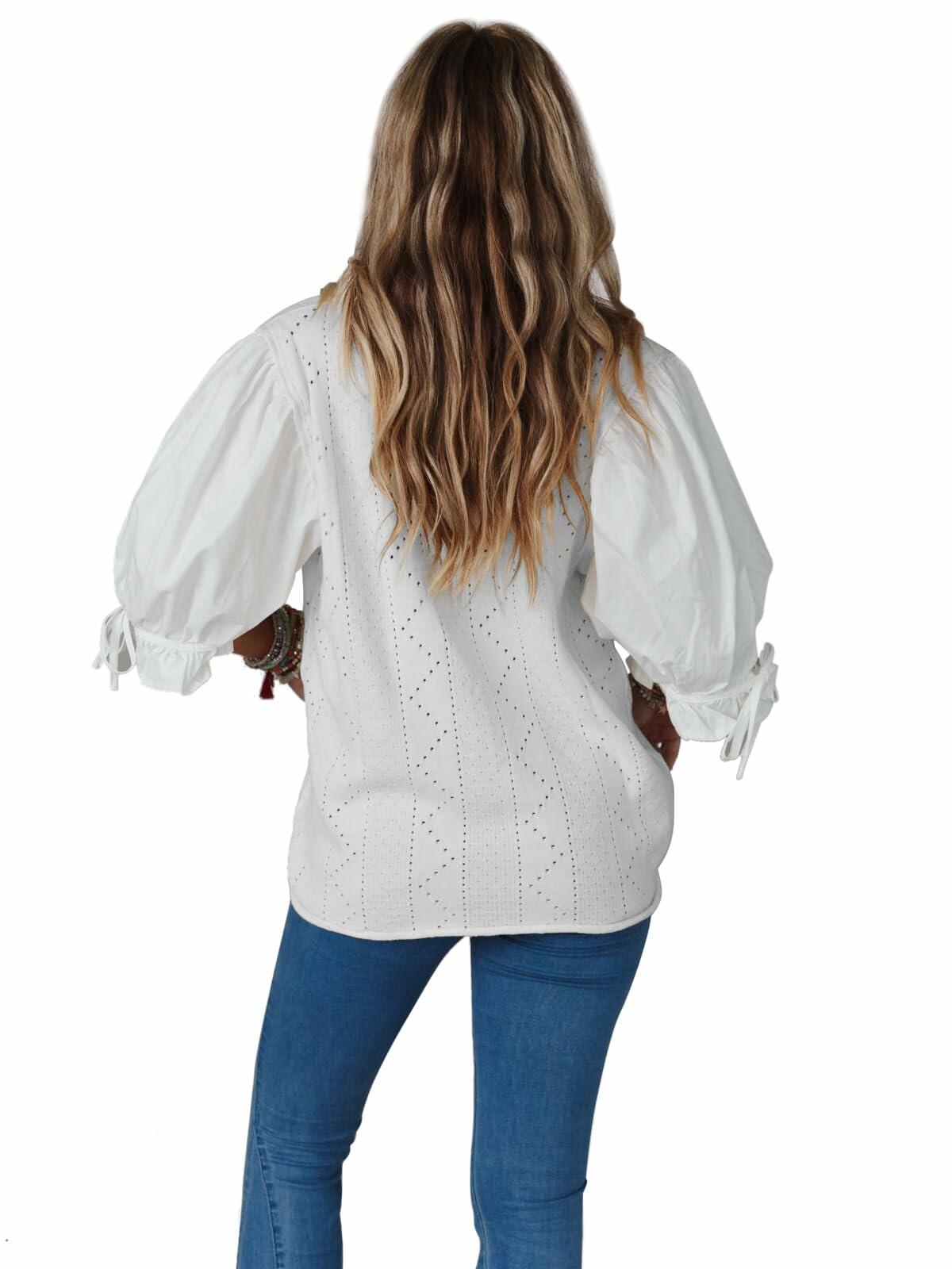 KINLONSAIR Women’s Puff Sleeve V-Neck Knit Top Lightweight White Shirt