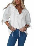 KINLONSAIR Women’s Puff Sleeve V-Neck Knit Top Lightweight White Shirt