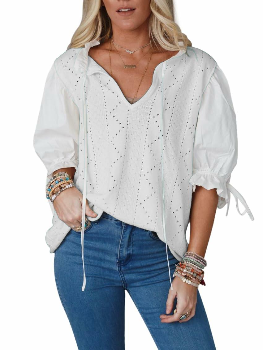 KINLONSAIR Women’s Puff Sleeve V-Neck Knit Top Lightweight White Shirt