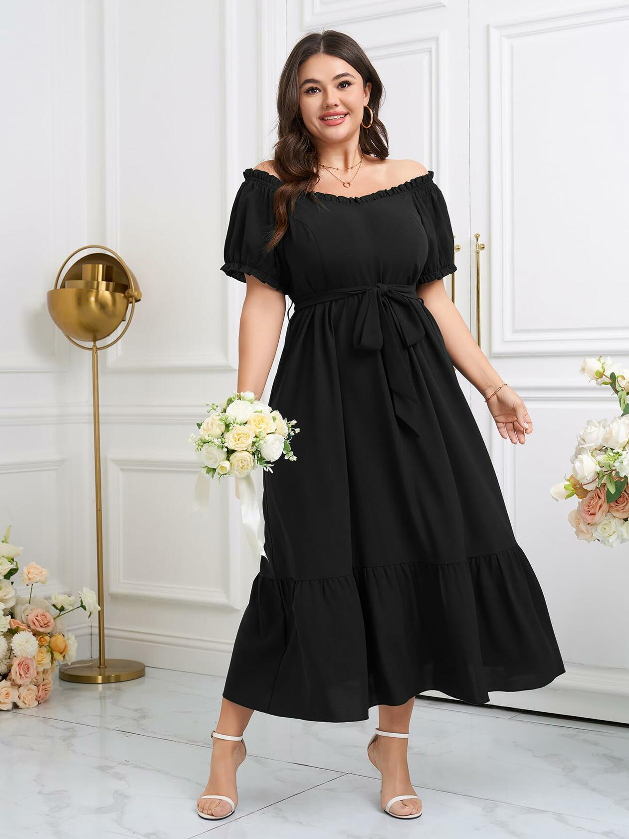 SCOMCHIC Plus Size Off Shoulder Puff Sleeve Maxi Dress Belt Black Size 3X