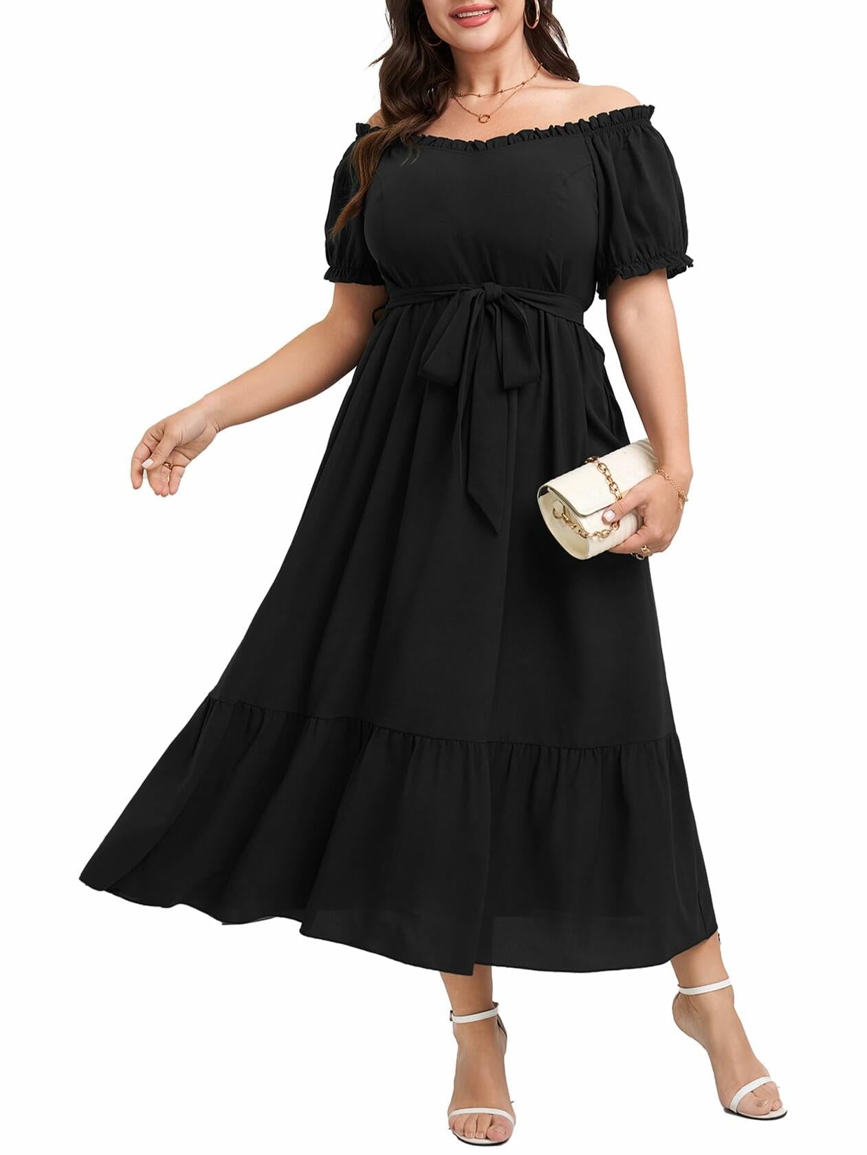 SCOMCHIC Plus Size Off Shoulder Puff Sleeve Maxi Dress Belt Black Size 3X