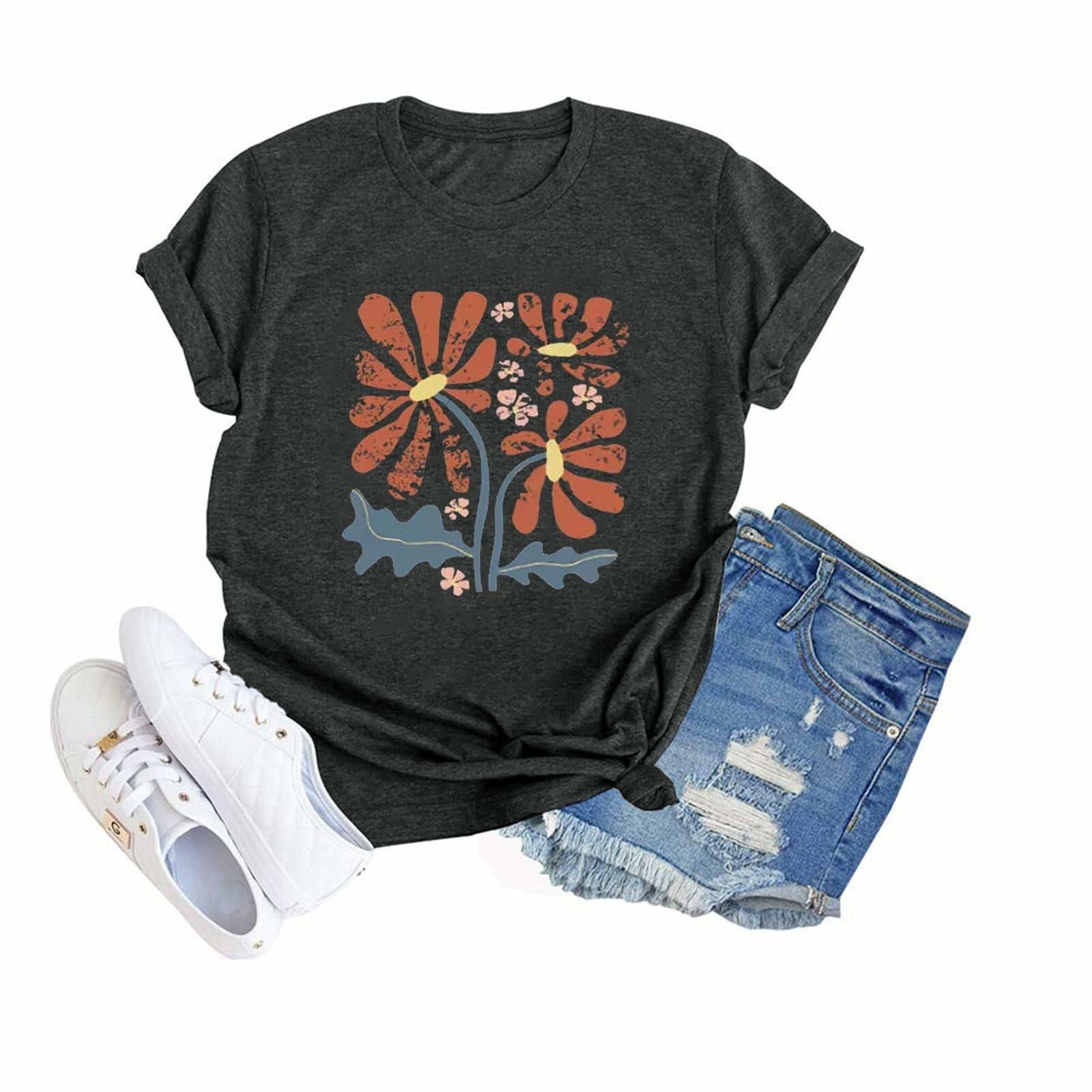 Floral Graphic Boho Women T-Shirt Vintage Wildflower Print Round Neck Small