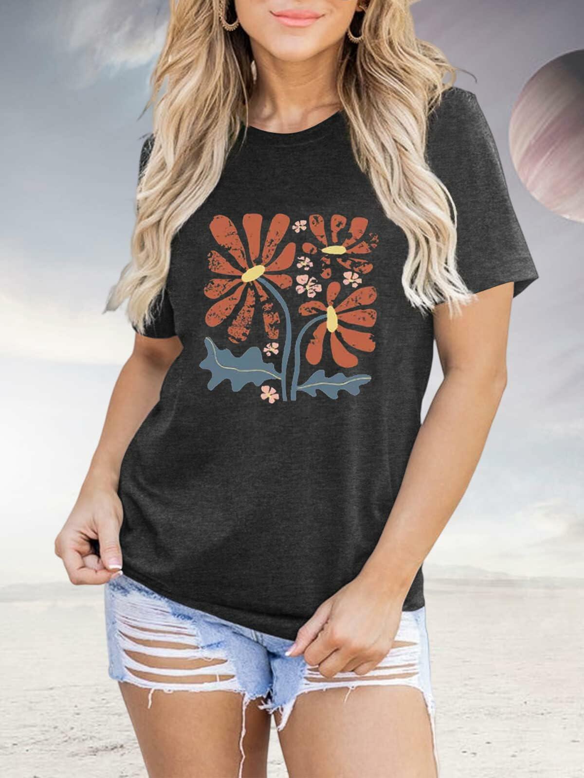 Floral Graphic Boho Women T-Shirt Vintage Wildflower Print Round Neck Small
